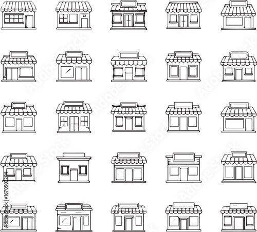 Collection of shop and store front icons isolated on white background
