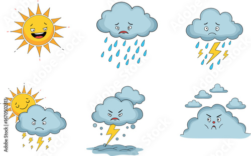 Cartoon weather icons with expressions, stormy clouds, happy sun, thunder, rain, lightning, vector illustration for kids learning and forecast design