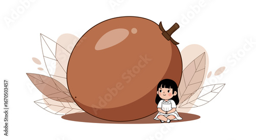 Adorable Cartoon Girl Sitting Beside a Huge Longan Fruit Illustration