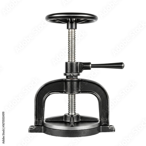 Vintage cast iron book press device for binding and crafting projects with metal screw mechanism and handle transparent background