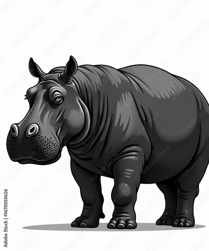 Fototapeta premium Hippopotamus Portrait: A majestic hippopotamus stands in a simple setting, captured in detailed monochrome, perfect for illustration.