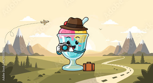 Adventurous Ice Cream Sundae Photographer Exploring Scenic Landscape on Summer Vacation