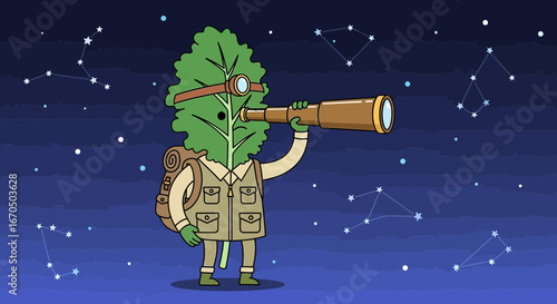Adventurous Leafy Explorer Gazing at Constellations Through Telescope at Night