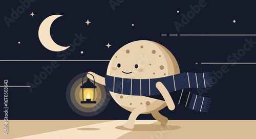 Adventurous Moon Character Explores The Night With Lantern Illustration
