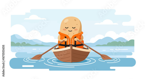 Adventurous Potato Character Rowing A Boat On Serene Lake Illustration