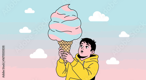 Amazed Boy Holding Giant Pastel Ice Cream In A Whimsical Cloudscape