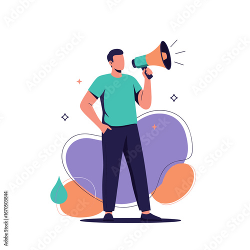 A man stands holding a megaphone announcing something important to a gathered audience in a modern flat design illustration style