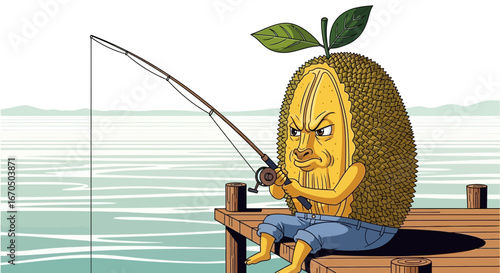 Angry Durian Fisherman Character on Wooden Pier With Fishing Rod Illustration