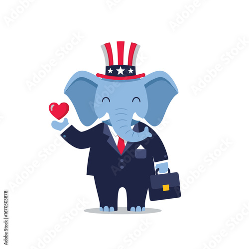 A charming anthropomorphic elephant dressed in a suit and top hat holding a heart symbolizing love and compassion for the country