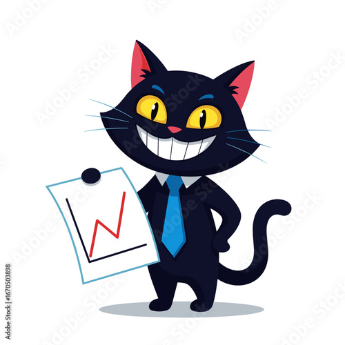 A cheerful black cat wearing a suit and tie holds up a chart showing an upward trend with a big smile