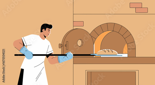 Artisan Baker Retrieving Fresh Bread from Traditional Stone Oven Illustration