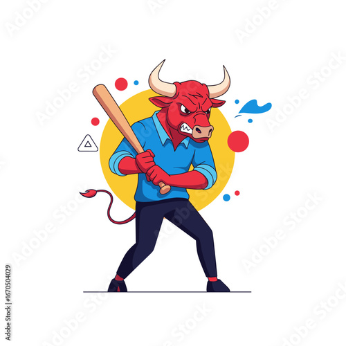 Aggressive bull character holding baseball bat ready for action in modern artistic style