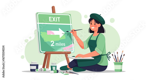 Artist Painting A Creative Exit Sign Concept On Canvas In Her Workshop