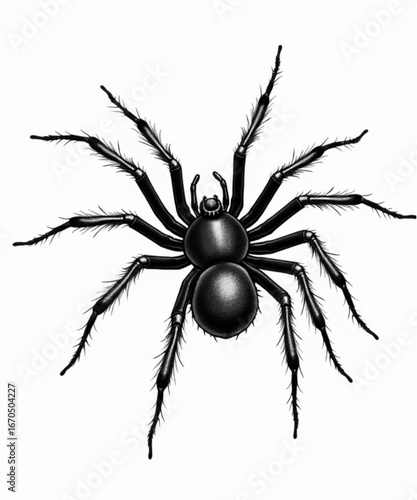 Arachnid Study: A detailed illustration of a black spider, captured in a high-contrast image, showcasing the intricate details of its exoskeleton and legs.