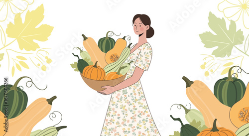 Autumnal Abundance A Woman with Bowl of Seasonal Squash Harvest