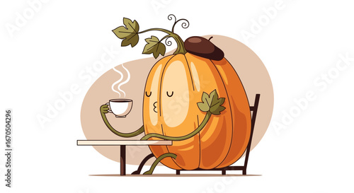 Autumn Serenity Pumpkin Sipping Coffee With A Beret On A Quiet Morning
