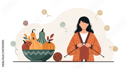 Autumnal Knitting Project Home Decor With Seasonal Pumpkins And Cozy Crafting