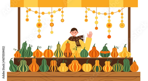 Autumnal Market Scene Displaying Varied Pumpkins With Cheerful Vendor Waving