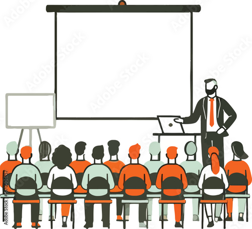 Businessman giving presentation to audience large screen whiteboard