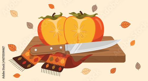 Autumnal Still Life With Persimmons And Scarf On Wooden Board