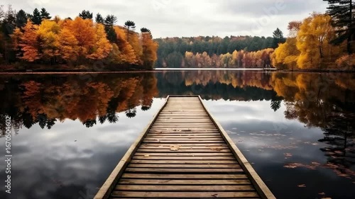 Autumn reflections on a tranquil lake with colorful foliage surrounding a wooden dock