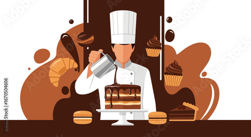 Chef Decorating Cake with Chocolate Glaze Pastry Sweet Desserts Preparation