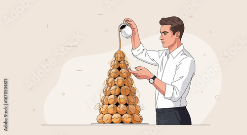 Chef Decorating Croquembouche With Caramel For Festive Celebration Dessert