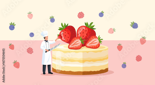 Chef Decorating Delicious Berry Cake Confectioner Preparing Sweet Dessert Vector Design