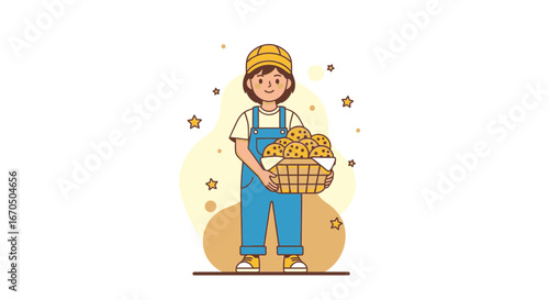 Baker Girl Holding Cookies In Wicker Basket Delivering Freshly Baked Goods