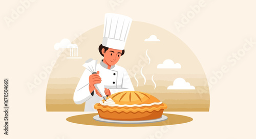 Chef Decorating Delicious Pie With Cream Ready for Holiday Celebration