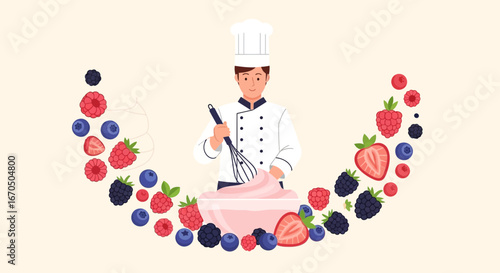 Chef Prepares Berry Dessert With Whisk In A Kitchen Background Illustration