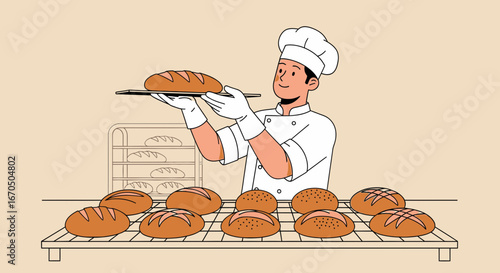 Baker Presenting Freshly Baked Bread Loaf in Bakery With Rack Full Of Loaves