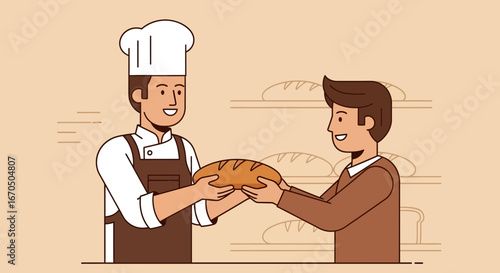 Baker Presents Freshly Baked Bread to Customer In a Local Bakery Shop