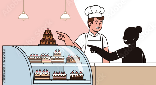 Baker Presents Cakes To Customer In Bakery With Display Case And Good Service