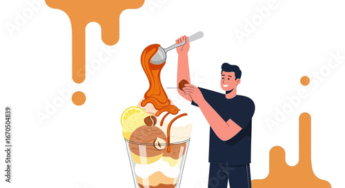 Chef Prepares Delicious Ice Cream Sundae With Caramel Sauce In Glass
