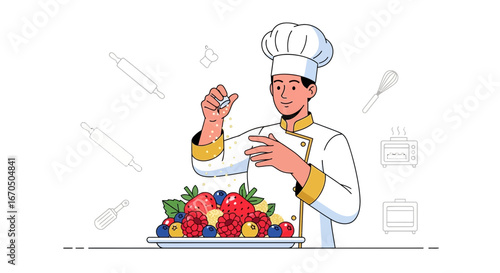 Chef Prepares Delicious Dessert Topping Sweet Fresh Berries And Healthy Ingredients