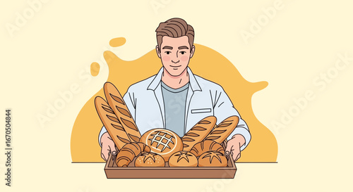 Baker Proudly Displaying Freshly Baked Assortment Of Bread From His Bakery