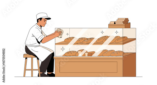 Baker Wiping Display Case Filled With Fresh Bread In Bakery Shop