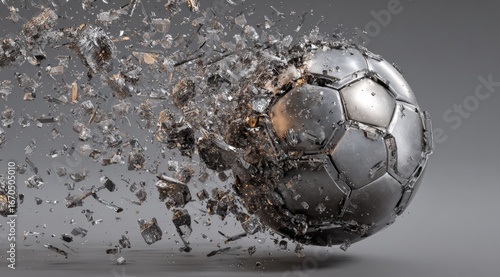A metallic soccer ball exploding in mid-air