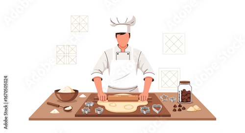 Chef Preparing Homemade Cookies With Rolling Pin and Cookie Cutters