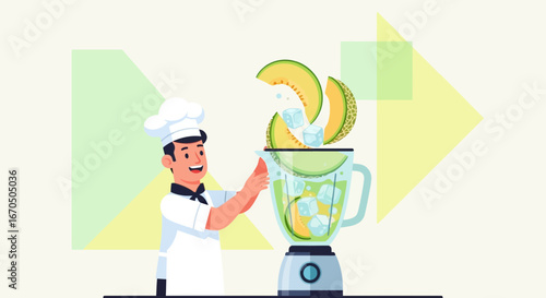 Chef Preparing Refreshing Melon Smoothie With Ice Cubes in Blender