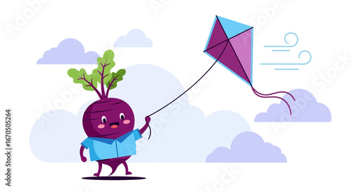 Beetroot Character Enjoying Flying Kite In a Cloudy Sky Illustration