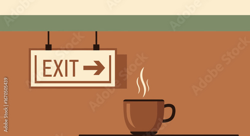 Coffee Break Before Leaving Illustration Featuring Brown Tones And Exit Sign