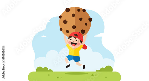 Boy Carrying Giant Cookie Outdoors Cartoon Illustration For Kids Concept