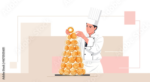 Confectioner Creating An Elegant Croquembouche Tower Pastry Perfection Illustration
