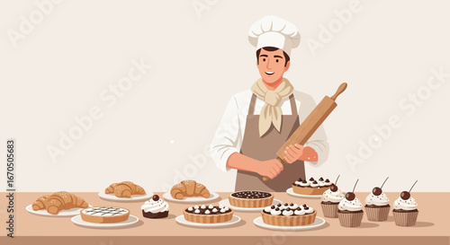 Confident Pastry Chef Displaying an Array of Freshly Made Baked Delights