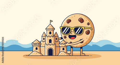 Cool Cookie Builds Sandcastle on Beach Vacation Cartoon Illustration