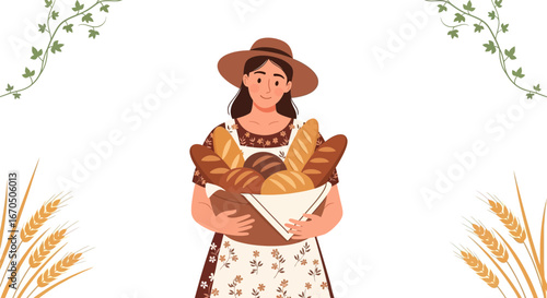 Country Woman With Bread Basket Perfect For Baking Concepts And Fresh Food Ads
