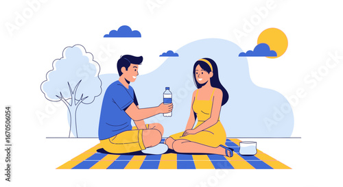 Couple Enjoying A Refreshing Picnic Outing In A Scenic Landscape Setting