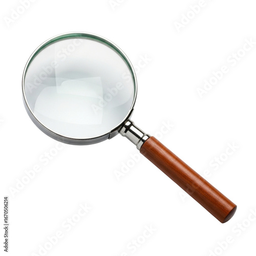 Magnifying glass with wooden handle for close-up examination and discovery on a dark backdrop transparent background